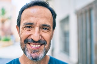 Middle age man with beard smiling happy outdoors