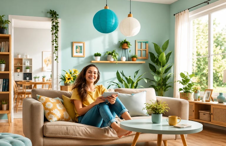 Woman sitting on beige sofa in bright green living room with plants, turquoise pendant lights, and wooden furniture