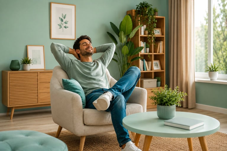 Man relaxing in beige armchair with hands behind head in modern living room with mint green walls and potted plants