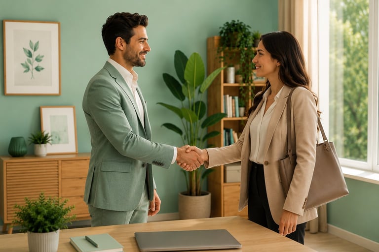 Two business professionals shaking hands in a modern office with green walls, wooden furniture, and plants