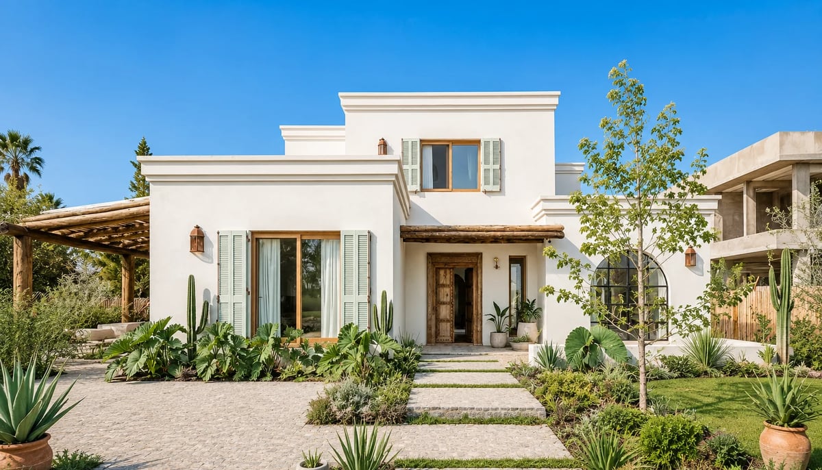Modern white two-story house with minimalist design, desert landscaping, and clear blue sky in residential area