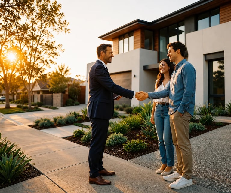 Real estate agent in dark suit shaking hands with a couple outside a modern white house at sunset