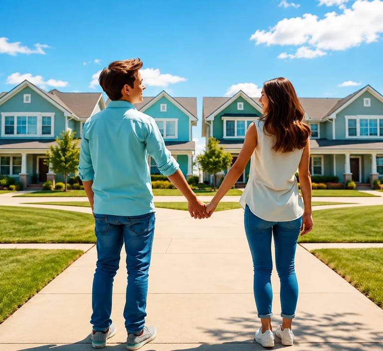 Couple holding hands standing on a residential street lined with large suburban homes on a sunny day