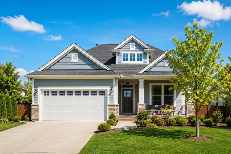 Modern white two-story house with gray roof, white garage door, and landscaped front yard on a sunny day