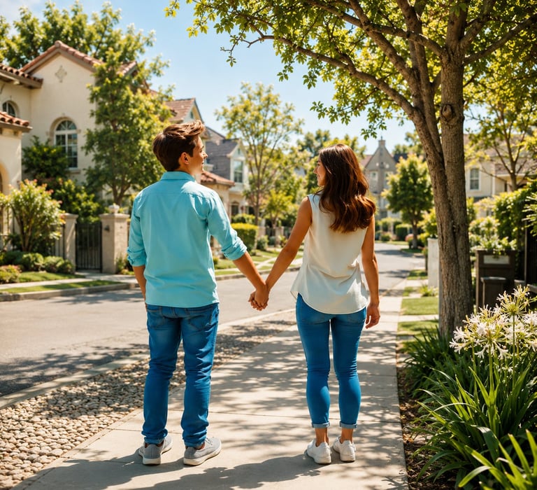 Couple holding hands walking down a sunny residential street lined with trees and houses
